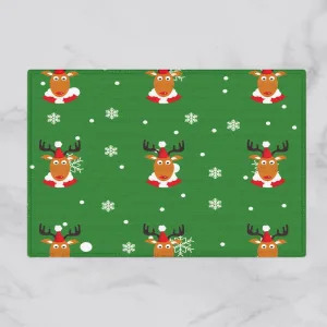 Christmas Reindeer And White Snowflakes On A Red Background Door Mat