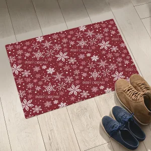 Merry Christmas White Snowflakes On A Red Background Door Mat