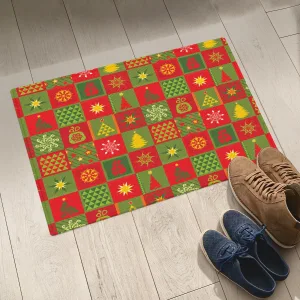 Christmas Pattern With Colorful Checkered Shapes Door Mat