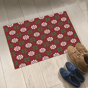 Stylized White Snowflake Pattern On A Red Background In Christmas Season Door Mat