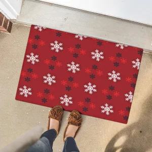 Christmas Eve Sparkling Snowflakes On A Red Background Door Mat