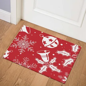 Christmas Eve Bells White Snowflakes On Red Background Door Mat