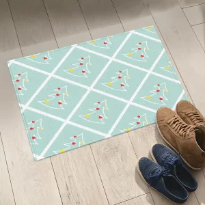 Merry Christmas Christmas Tree Checkered Pattern On A Blue Background Door Mat