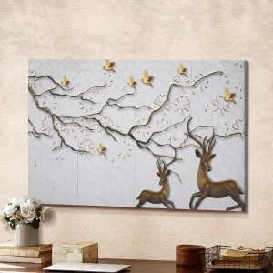 3d Two Deer Oilpainting Background Tree Canvas Wall Art Home Decor