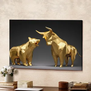 3D Golden Bull And Bear With Black Background Canvas Wall Art Home Decor