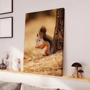 A Beautiful Red Squirrel Sits Under A Tree In The Autumn Forest And Nibbles A Nut Canvas Wall Art Home Decor