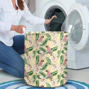 Parrots Green Banana Palm Leaves Orchid Laundry Basket