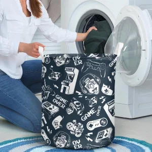 Vintage Monochrome Video Game Seamless Pattern Laundry Basket