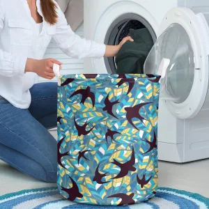 Swallows Silhouettes On A Background Of Abstract Colored Feathers Laundry Basket