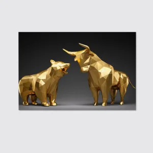 3D Golden Bull And Bear With Black Background Canvas Wall Art Home Decor