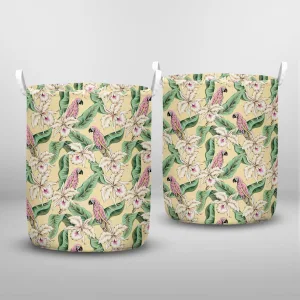 Parrots Green Banana Palm Leaves Orchid Laundry Basket