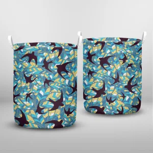 Swallows Silhouettes On A Background Of Abstract Colored Feathers Laundry Basket