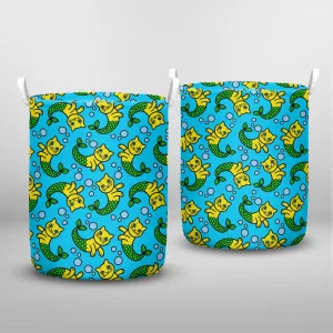 Seamless Pattern With Fairy Sea Cats Laundry Basket