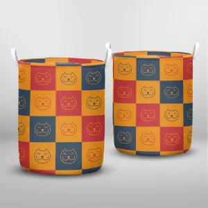 Cartoon Logo Style Smiling Cat Head - Seamless Pattern Made With Red Blue And Yellow Squares Laundry Basket